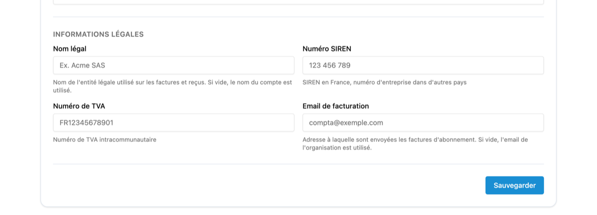 La section Informations légales