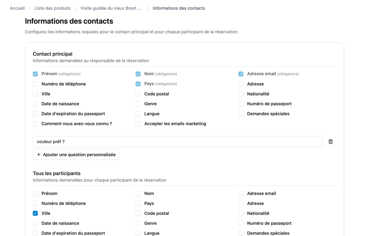 Les informations des contacts d'un produit
