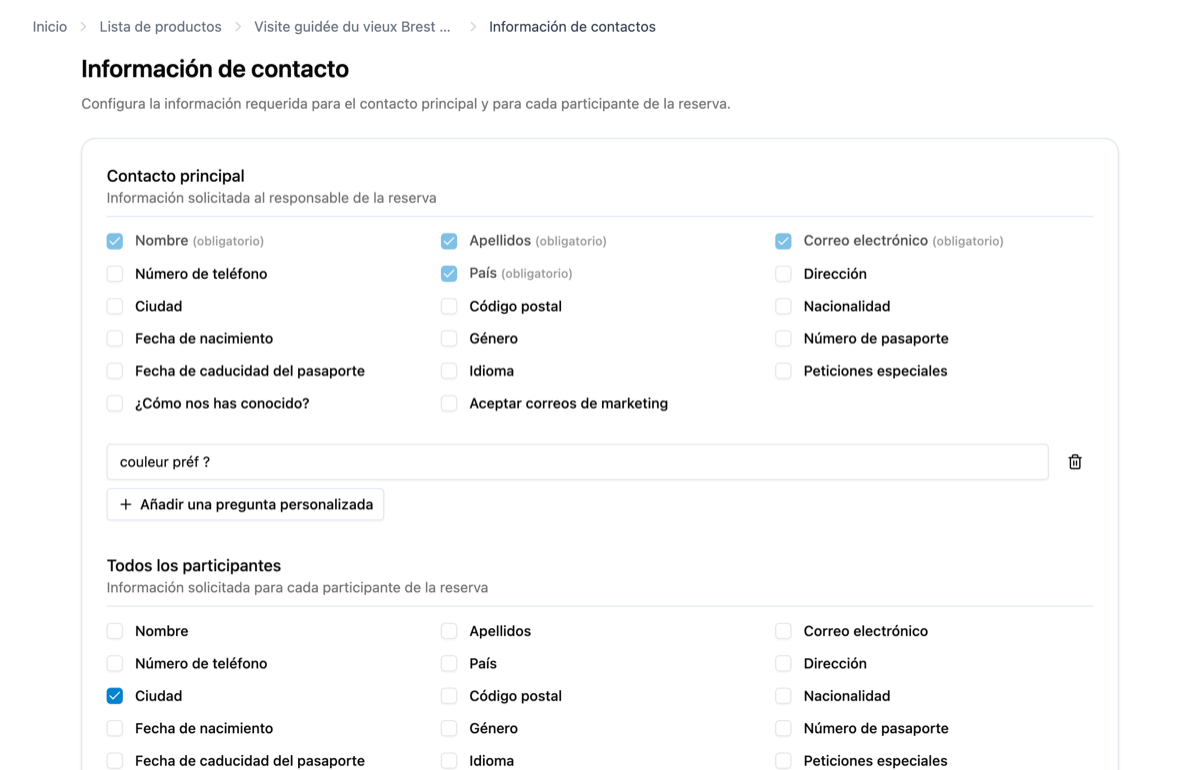 Configura los campos de contacto de tus reservas